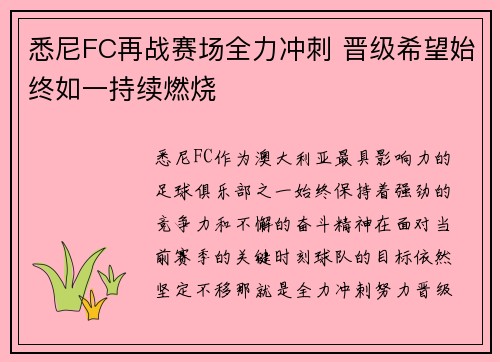 悉尼FC再战赛场全力冲刺 晋级希望始终如一持续燃烧