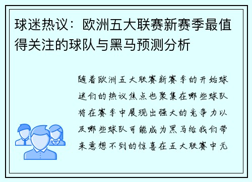 球迷热议：欧洲五大联赛新赛季最值得关注的球队与黑马预测分析